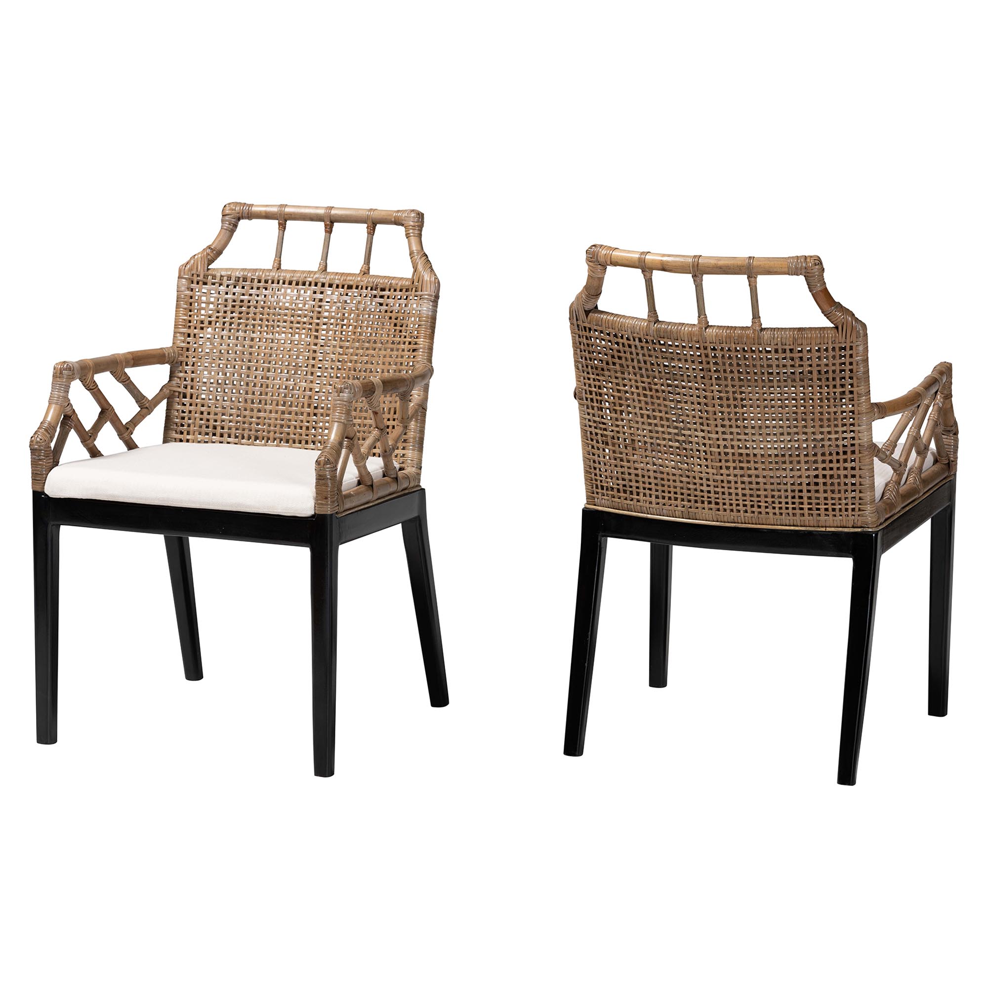 bali & pari Abiel Natural Rattan 2-Piece Dining Armchair Set with Cushion - Handwoven Wicker Chair with Mahogany Wood Frame, Coastal Boho Seating for Dining Room or Kitchen